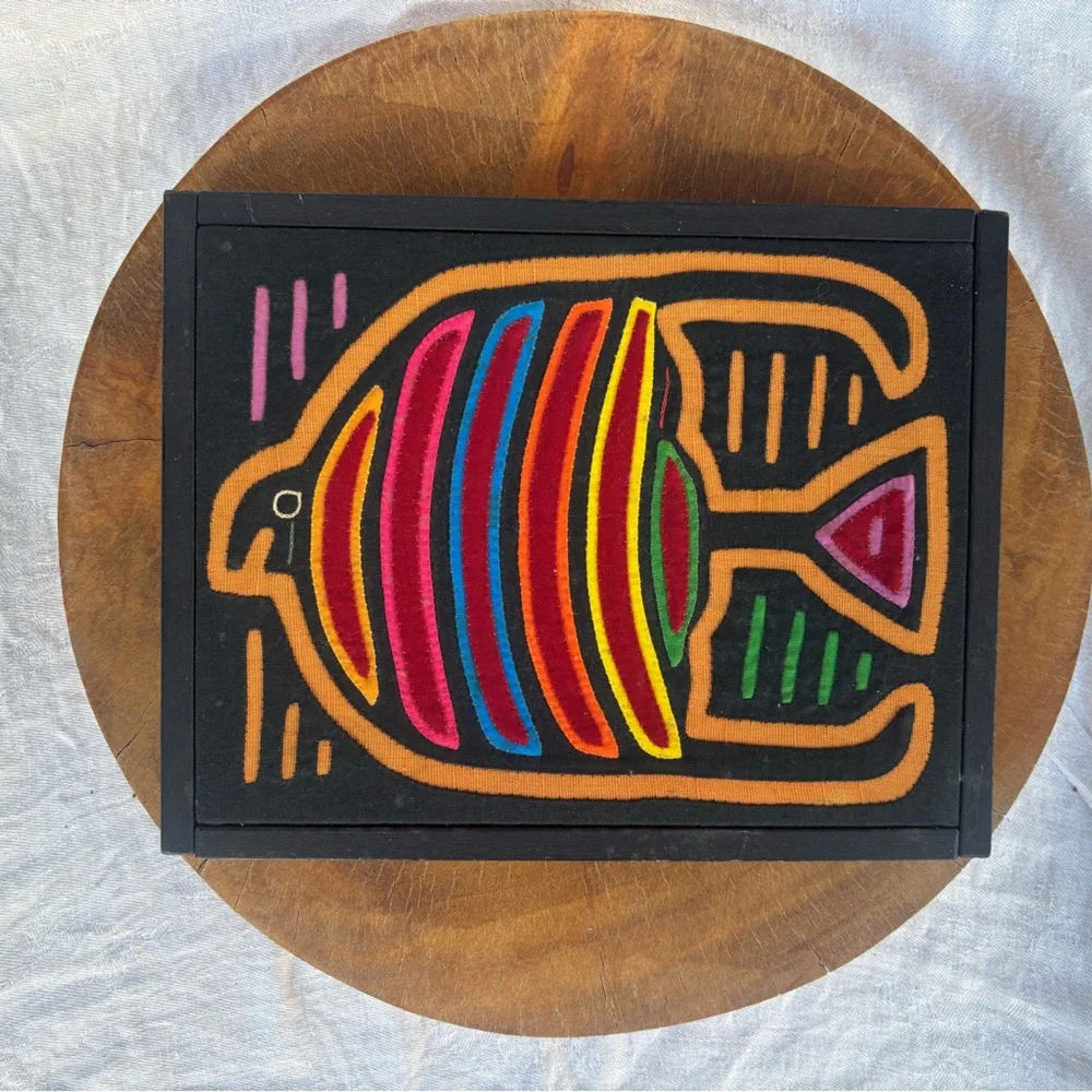 Framed Mola Textile Art - Multicolor Fish